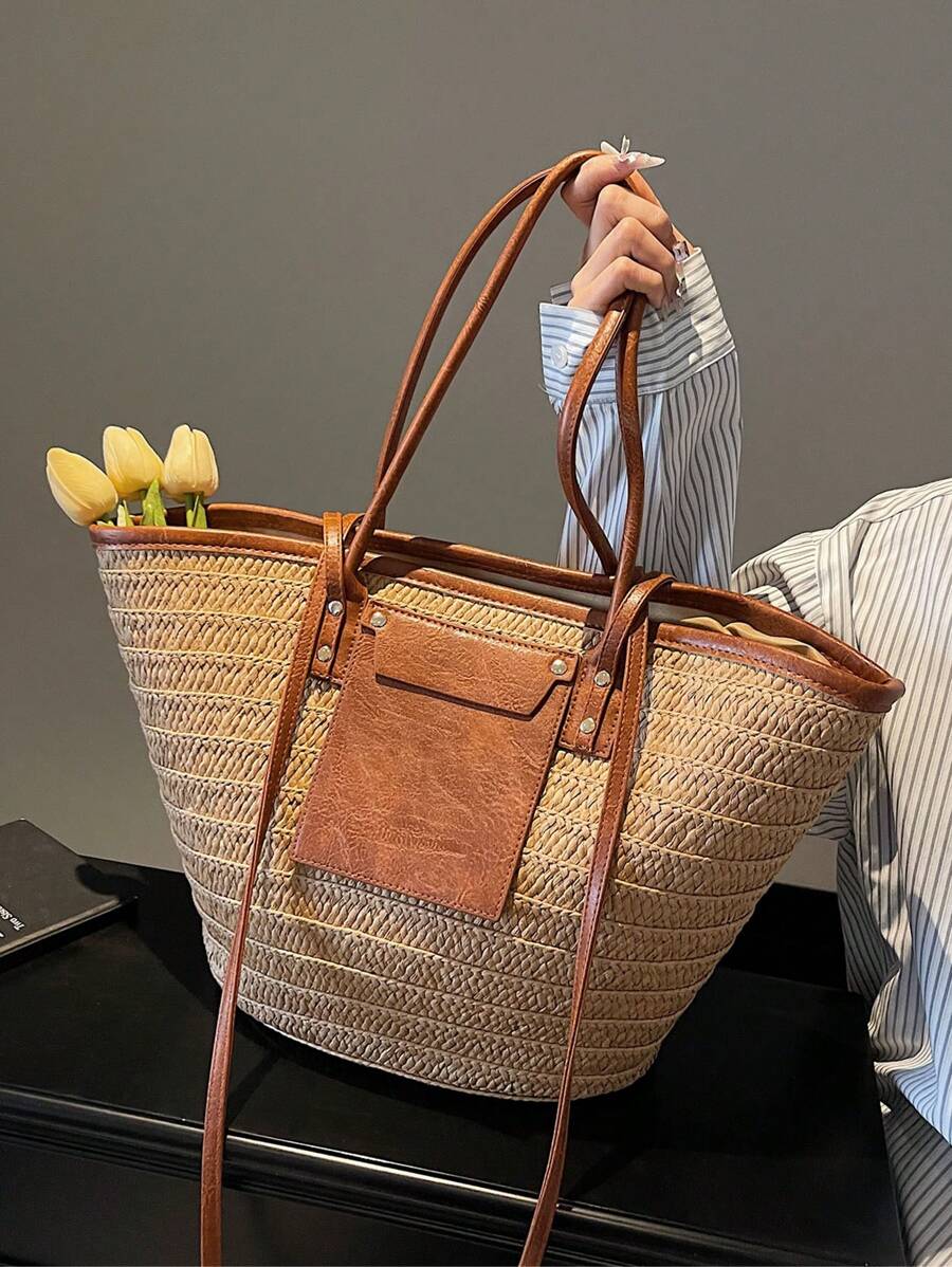 Fashion Large Capacity Woven Tote Bag, New Beach Vacation Shoulder Underarm Straw Large Bag, Eye-Catching Beach Bag Summer, Summer Straw Beach Bag For Women