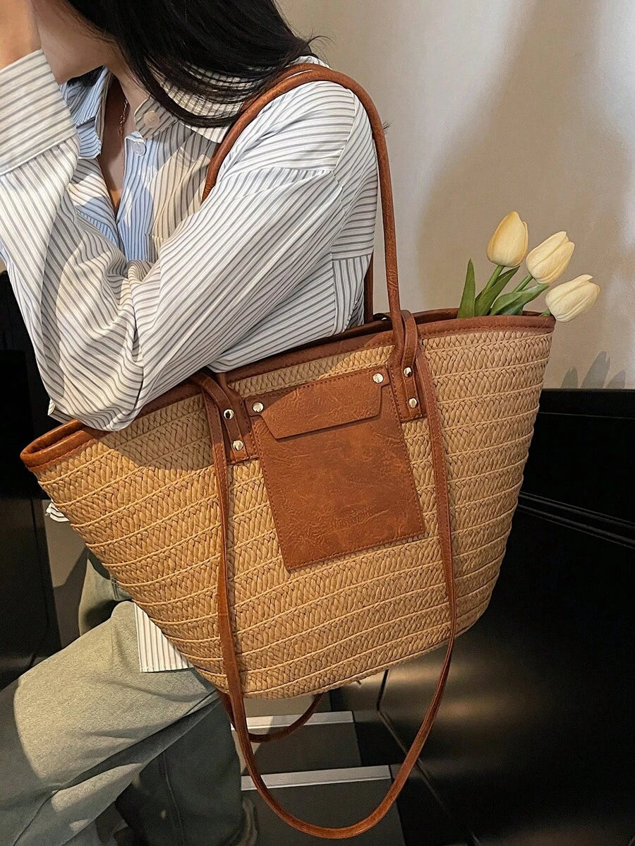 Fashion Large Capacity Woven Tote Bag, New Beach Vacation Shoulder Underarm Straw Large Bag, Eye-Catching Beach Bag Summer, Summer Straw Beach Bag For Women