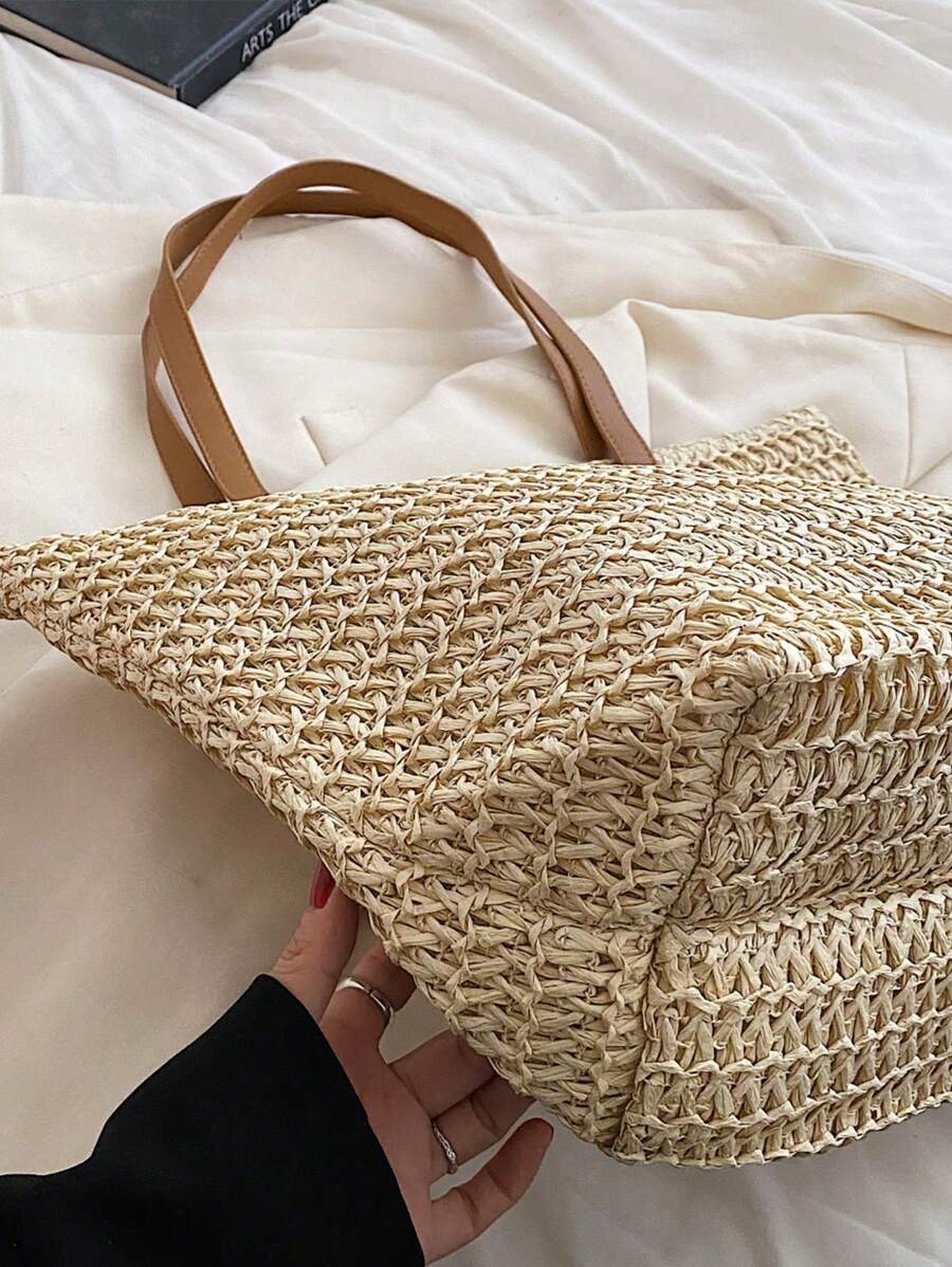 Livesso Summer Straw Beach Tote Bag, Large Capacity Handbag, Casual Multiple Pockets Women's Bag, Suitable With Dress For Shopping, Travel, Storage, Rattan Bag, Eye-Catching Beach Bag Summer, Summer S