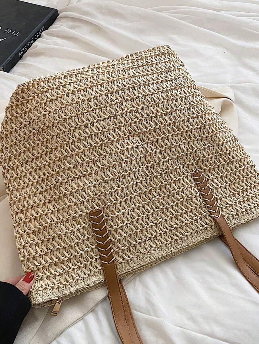 Livesso Summer Straw Beach Tote Bag, Large Capacity Handbag, Casual Multiple Pockets Women's Bag, Suitable With Dress For Shopping, Travel, Storage, Rattan Bag, Eye-Catching Beach Bag Summer, Summer S