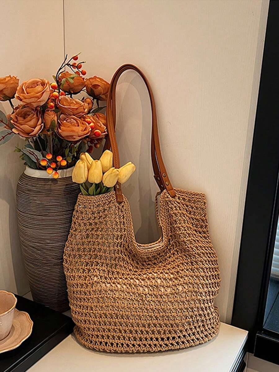 Yogodlns New Arrival Hollow Out Totes Bags For Women Large Capacity Straw Woven Handbag Shoulder Bag Vintage Travel Beach Bag Shopping Pack Beach Bag
