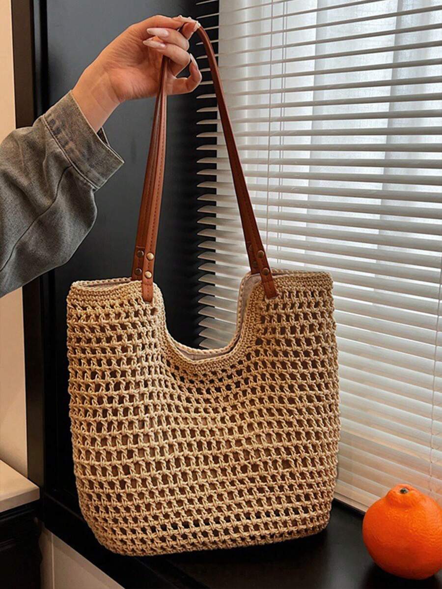 Yogodlns New Arrival Hollow Out Totes Bags For Women Large Capacity Straw Woven Handbag Shoulder Bag Vintage Travel Beach Bag Shopping Pack Beach Bag