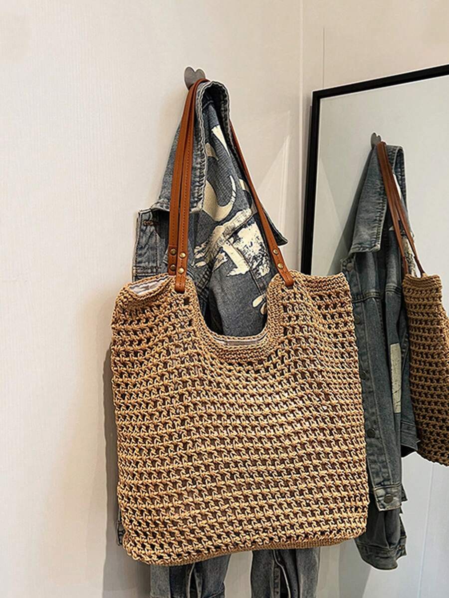 Yogodlns New Arrival Hollow Out Totes Bags For Women Large Capacity Straw Woven Handbag Shoulder Bag Vintage Travel Beach Bag Shopping Pack Beach Bag