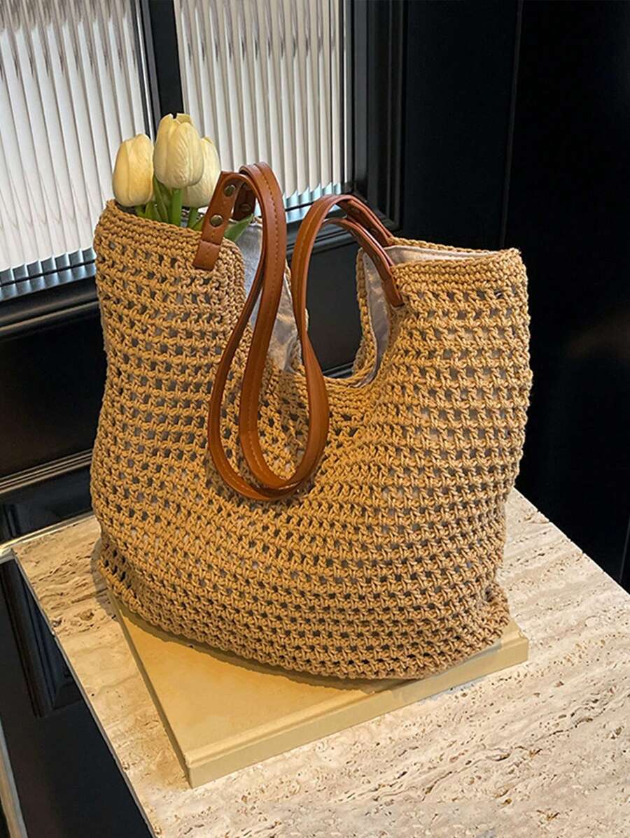 Yogodlns New Arrival Hollow Out Totes Bags For Women Large Capacity Straw Woven Handbag Shoulder Bag Vintage Travel Beach Bag Shopping Pack Beach Bag