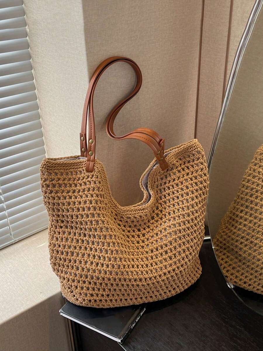 Yogodlns New Arrival Hollow Out Totes Bags For Women Large Capacity Straw Woven Handbag Shoulder Bag Vintage Travel Beach Bag Shopping Pack Beach Bag