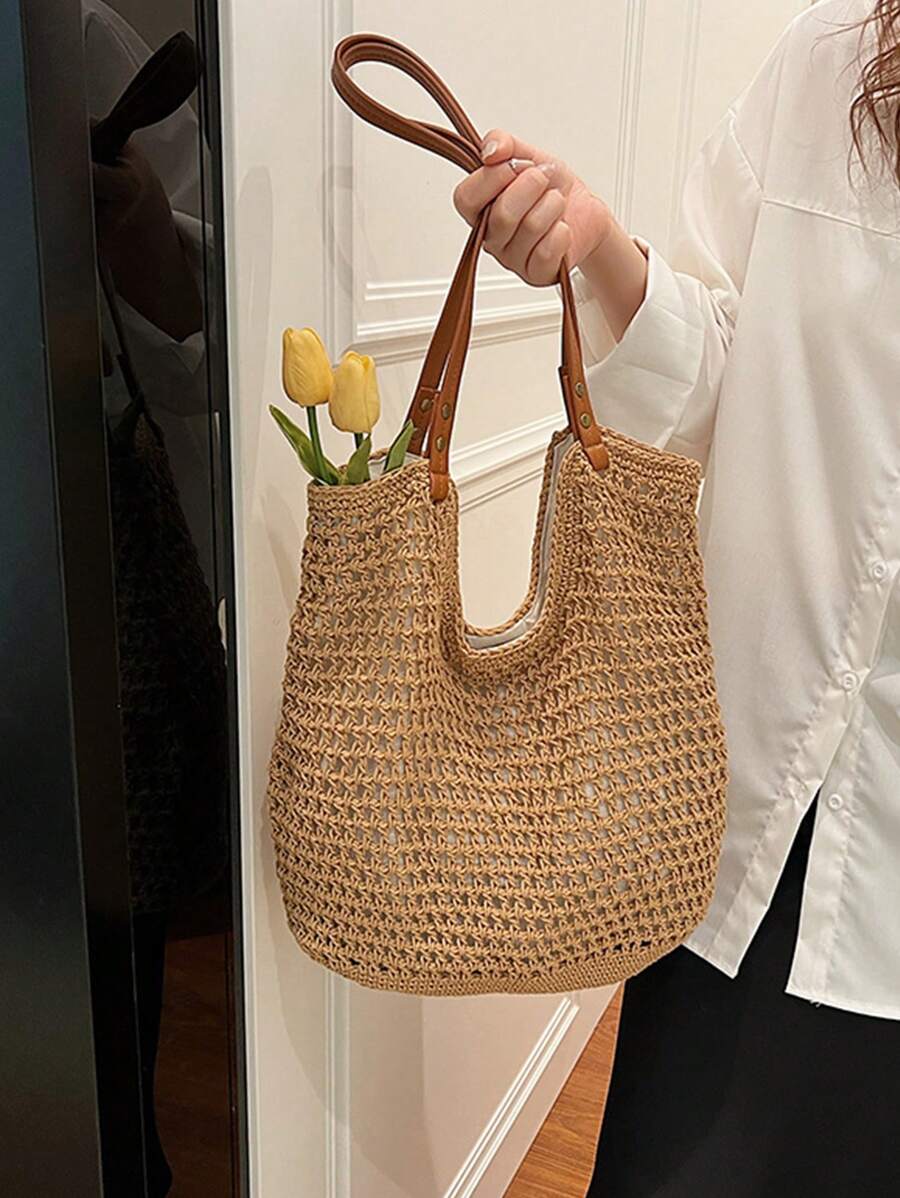Yogodlns New Arrival Hollow Out Totes Bags For Women Large Capacity Straw Woven Handbag Shoulder Bag Vintage Travel Beach Bag Shopping Pack Beach Bag