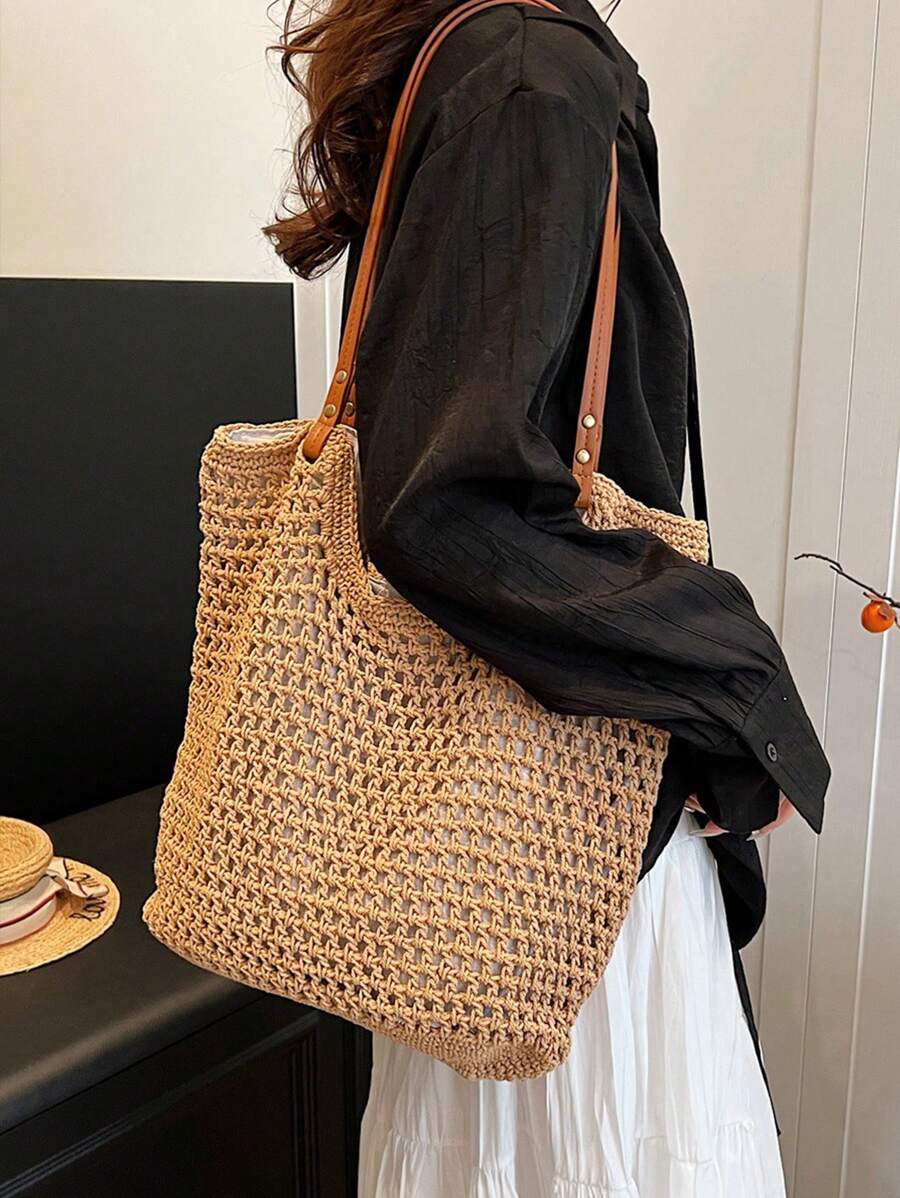 Yogodlns New Arrival Hollow Out Totes Bags For Women Large Capacity Straw Woven Handbag Shoulder Bag Vintage Travel Beach Bag Shopping Pack Beach Bag
