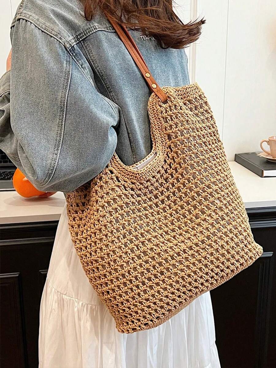 Yogodlns New Arrival Hollow Out Totes Bags For Women Large Capacity Straw Woven Handbag Shoulder Bag Vintage Travel Beach Bag Shopping Pack Beach Bag