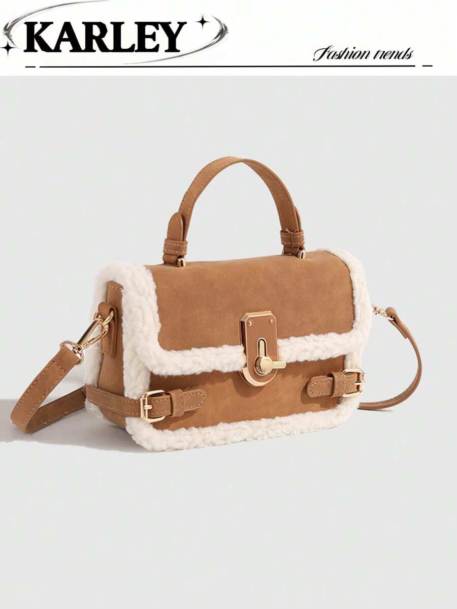 1pc Women Handbag, New Autumn Winter Lamb Fur Tote Bag, Fluffy Lock Strap Crossbody Bag, Mini Square Bag, Coffee Brown & Burgundy, New Arrival Fur Bag For Women, Small Bags