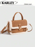1pc Women Handbag, New Autumn Winter Lamb Fur Tote Bag, Fluffy Lock Strap Crossbody Bag, Mini Square Bag, Coffee Brown & Burgundy, New Arrival Fur Bag For Women, Small Bags