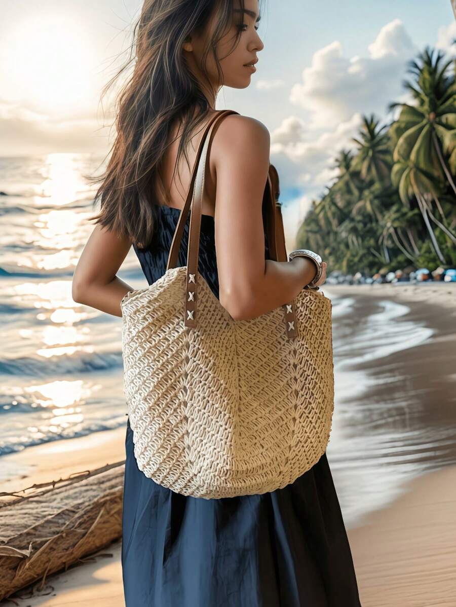 New Large Capacity Tote Bag, Woven Straw Dual Handle Design Women's Bag, Beach Bag For Commuting, Daily Shopping, Travel, Beach, Elegant, Lightweight, Casual, Portable, Suitable For Teenagers, College