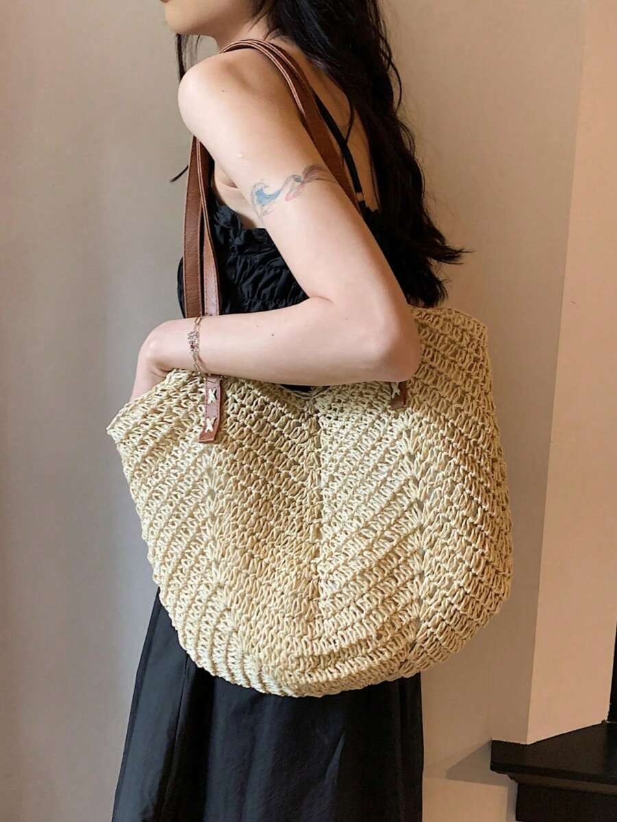 New Large Capacity Tote Bag, Woven Straw Dual Handle Design Women's Bag, Beach Bag For Commuting, Daily Shopping, Travel, Beach, Elegant, Lightweight, Casual, Portable, Suitable For Teenagers, College