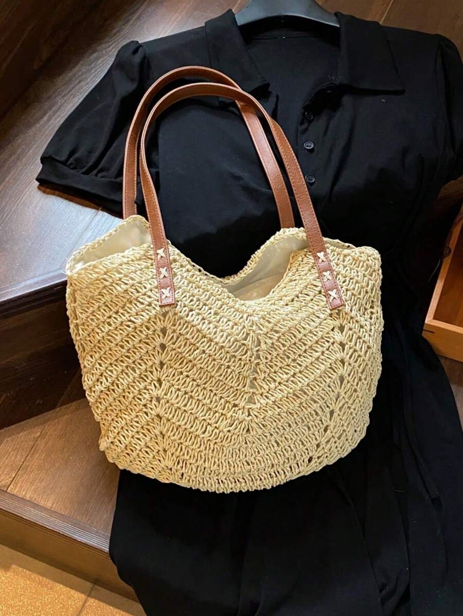 New Large Capacity Tote Bag, Woven Straw Dual Handle Design Women's Bag, Beach Bag For Commuting, Daily Shopping, Travel, Beach, Elegant, Lightweight, Casual, Portable, Suitable For Teenagers, College