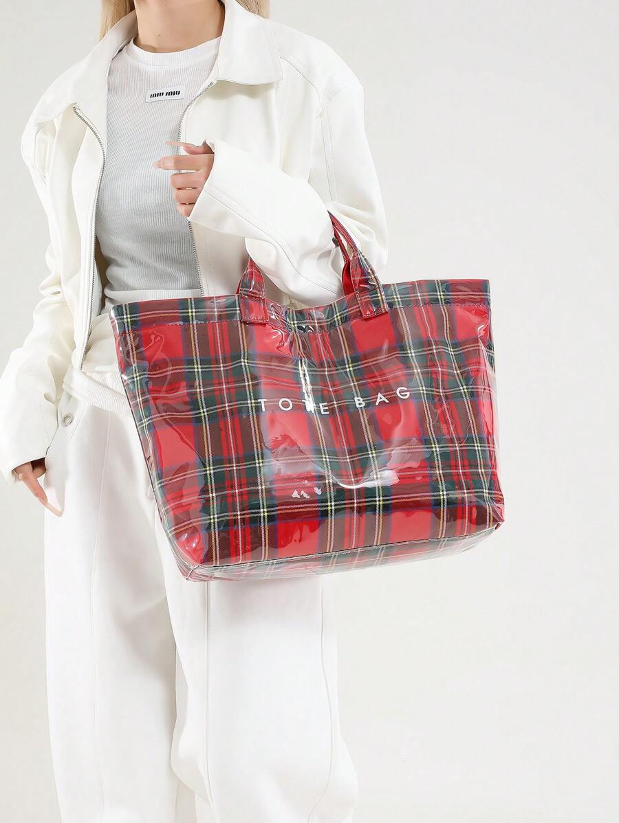 Fashionable Tote Bag- Large Capacity, Made Of Lightweight PVC And Kraft Paper, With Hook And Loop Closure, Stylish Choice For Women, Jelly Bag