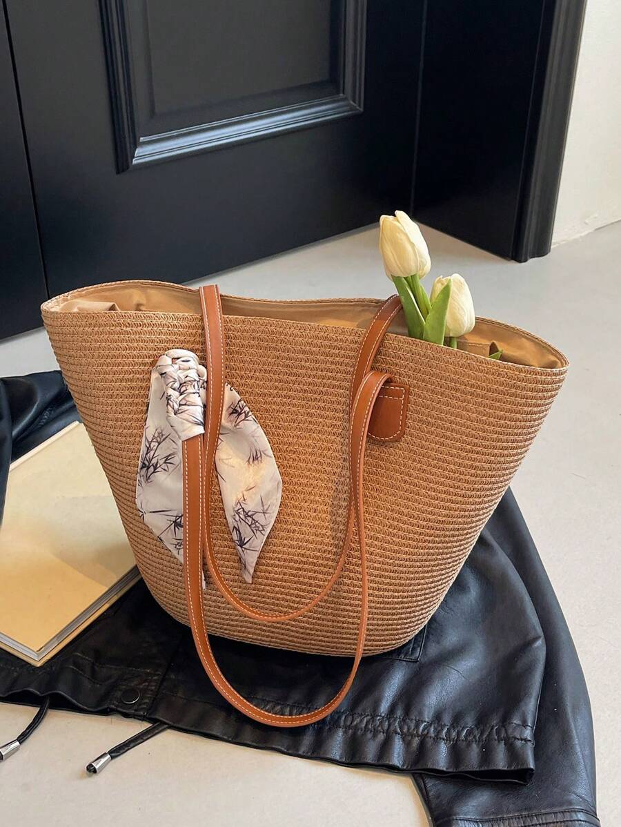 Livesso Simple Large-Capacity Contrast Color Woven Tote Bag For Women, Portable Shoulder Handbag Suitable For Vacation And Travel, Perfectly Matching With Vacation Outfits Women