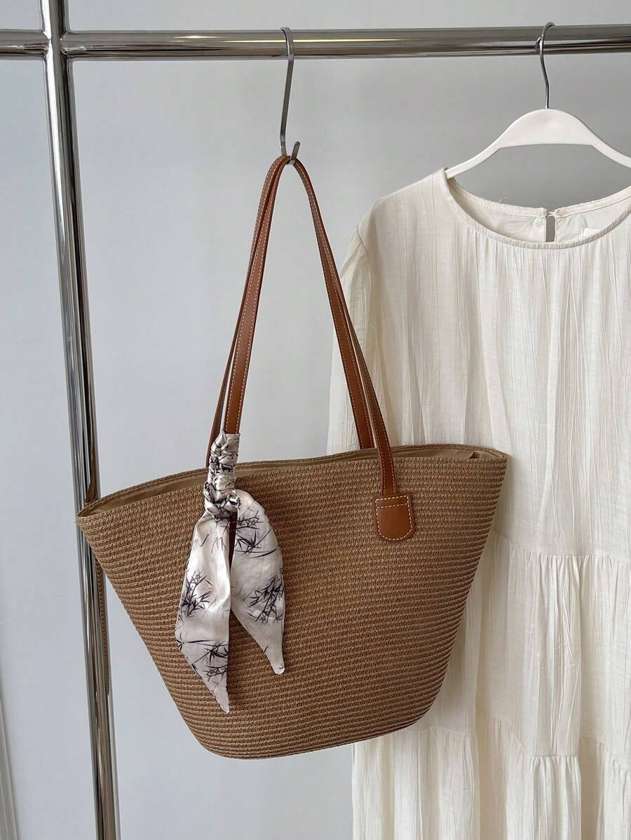 Livesso Simple Large-Capacity Contrast Color Woven Tote Bag For Women, Portable Shoulder Handbag Suitable For Vacation And Travel, Perfectly Matching With Vacation Outfits Women