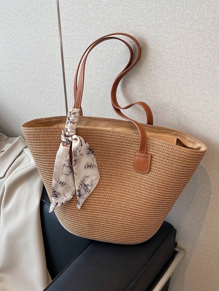 Livesso Simple Large-Capacity Contrast Color Woven Tote Bag For Women, Portable Shoulder Handbag Suitable For Vacation And Travel, Perfectly Matching With Vacation Outfits Women
