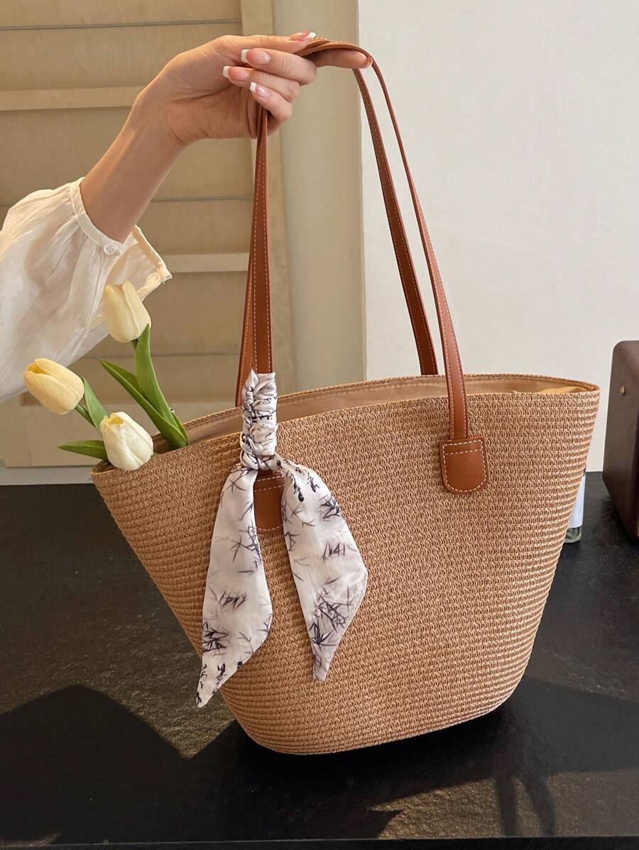 Livesso Simple Large-Capacity Contrast Color Woven Tote Bag For Women, Portable Shoulder Handbag Suitable For Vacation And Travel, Perfectly Matching With Vacation Outfits Women