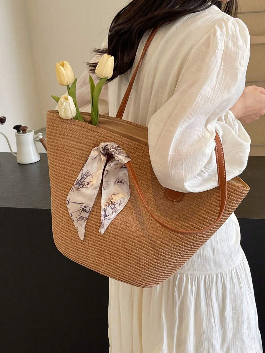 Livesso Simple Large-Capacity Contrast Color Woven Tote Bag For Women, Portable Shoulder Handbag Suitable For Vacation And Travel, Perfectly Matching With Vacation Outfits Women