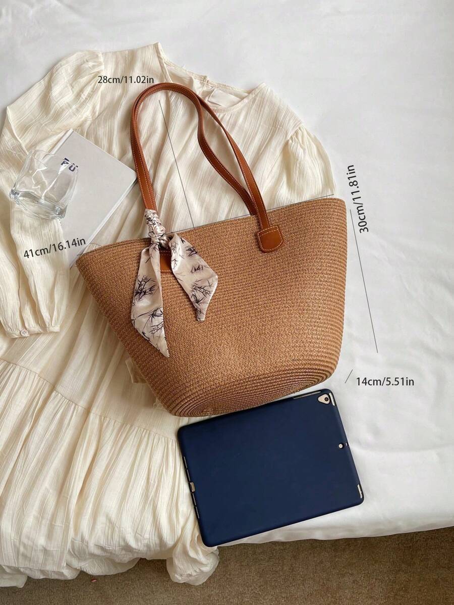Livesso Simple Large-Capacity Contrast Color Woven Tote Bag For Women, Portable Shoulder Handbag Suitable For Vacation And Travel, Perfectly Matching With Vacation Outfits Women