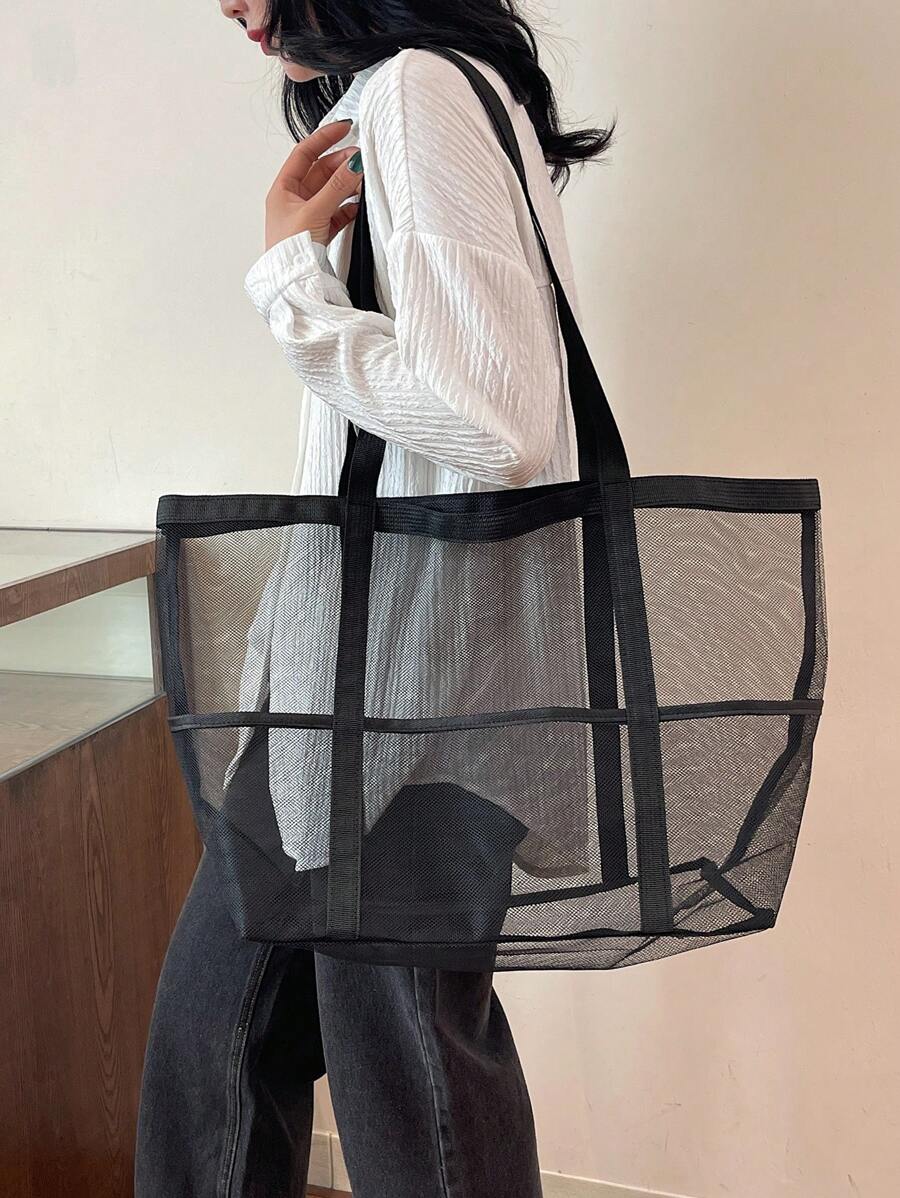 2024 New Beach Mesh Bag  For Seaside Vacation, Mesh Tote Bag School Tote Bag, School Bookbag, Portable, Foldable, Business Casual