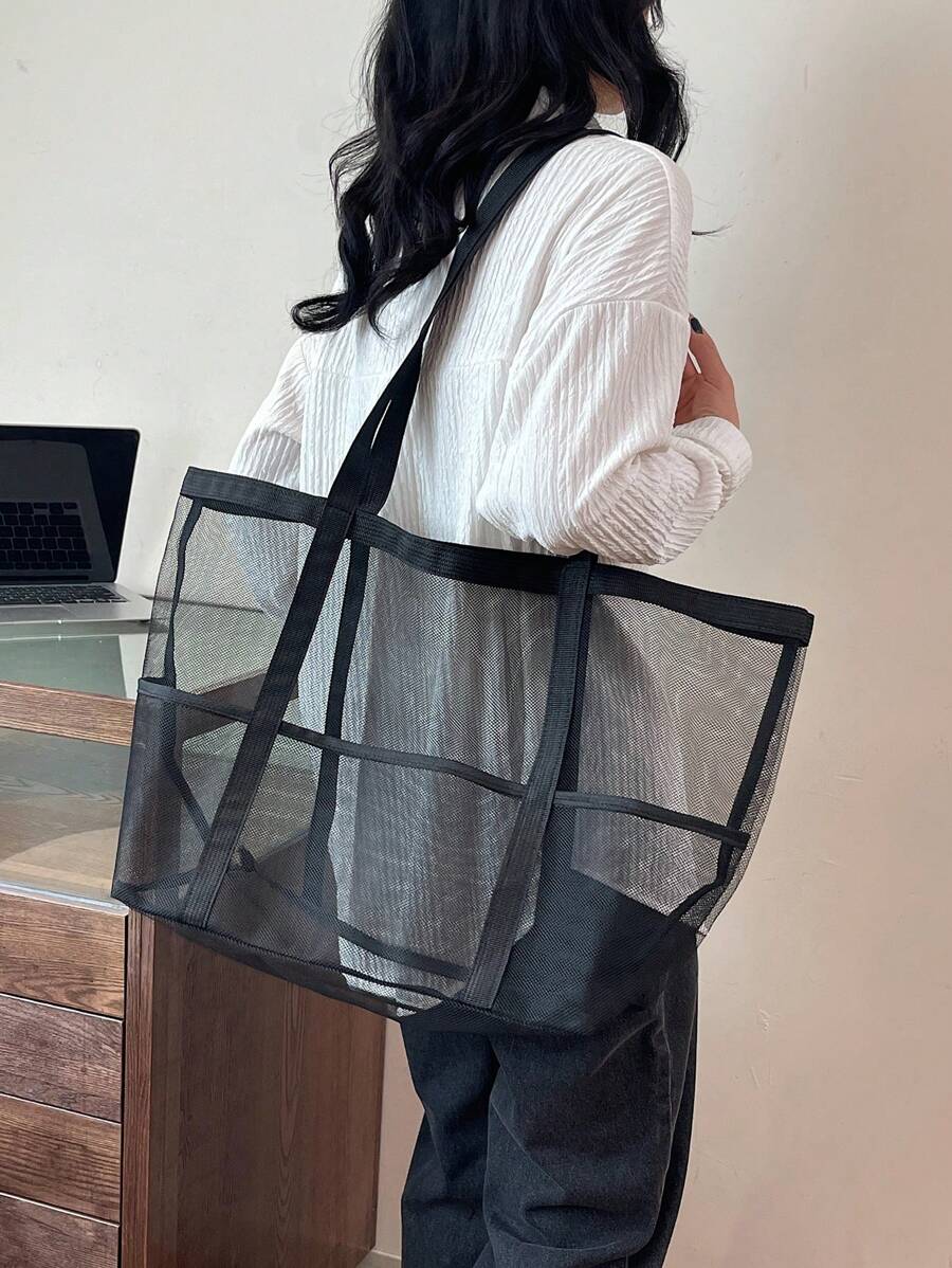 2024 New Beach Mesh Bag  For Seaside Vacation, Mesh Tote Bag School Tote Bag, School Bookbag, Portable, Foldable, Business Casual