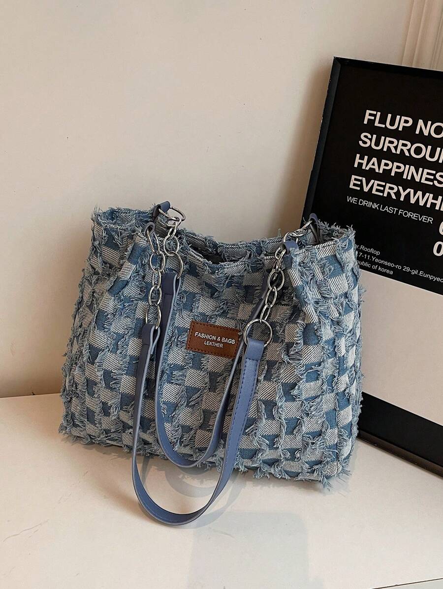 Fashionable Striped Handbag- Women's Large Capacity Shoulder Bag- Zipper Tote Bag For Daily Use- Minimalist Chain Shoulder Tote Bag For Teen Girls, Women, College Students, Office, Work, Business