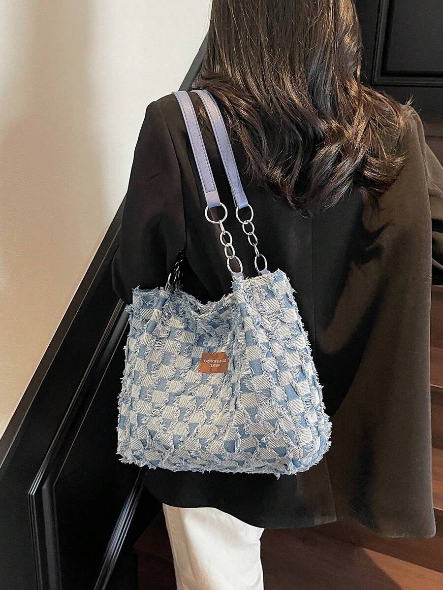 Fashionable Striped Handbag- Women's Large Capacity Shoulder Bag- Zipper Tote Bag For Daily Use- Minimalist Chain Shoulder Tote Bag For Teen Girls, Women, College Students, Office, Work, Business