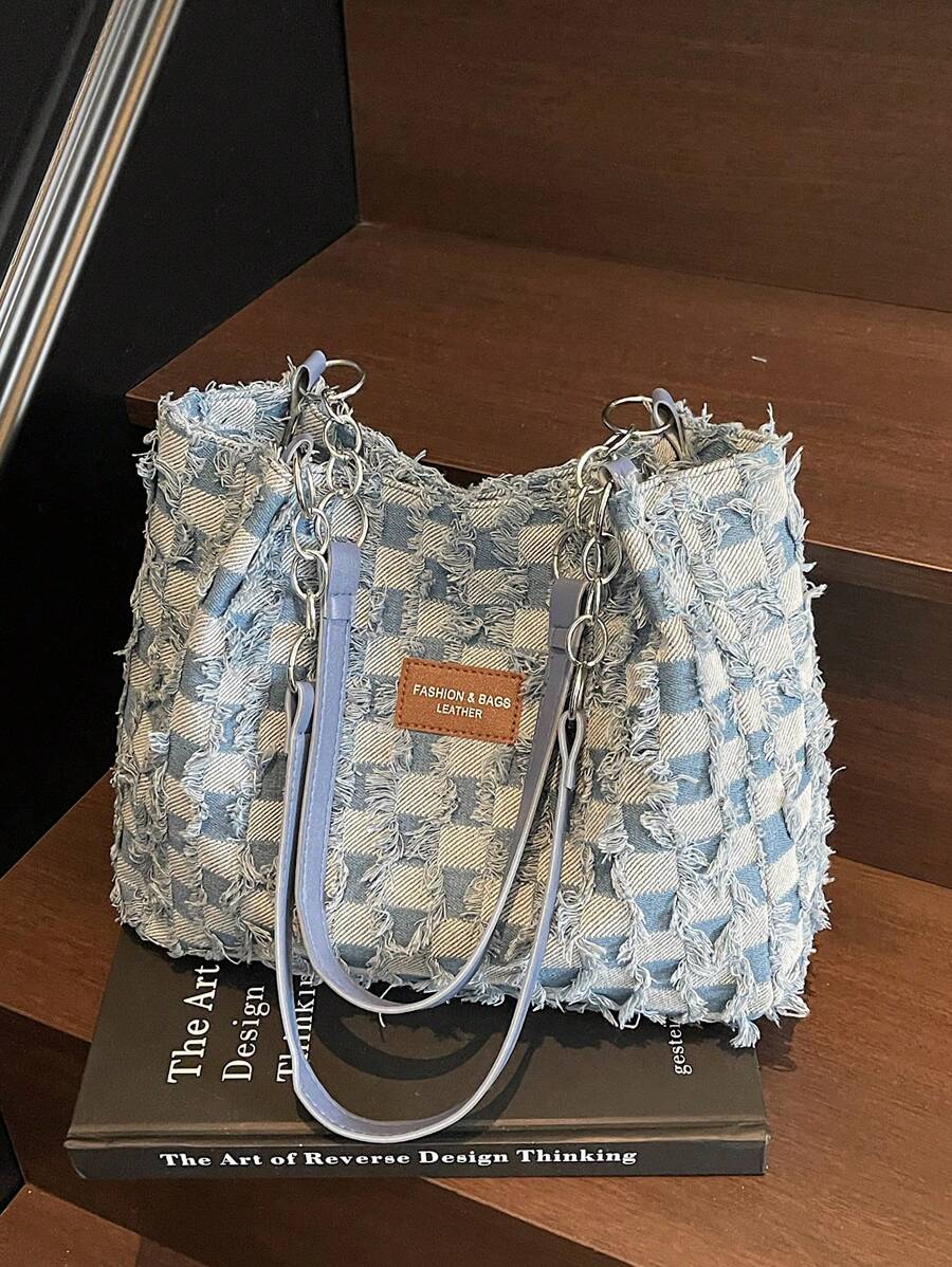 Fashionable Striped Handbag- Women's Large Capacity Shoulder Bag- Zipper Tote Bag For Daily Use- Minimalist Chain Shoulder Tote Bag For Teen Girls, Women, College Students, Office, Work, Business