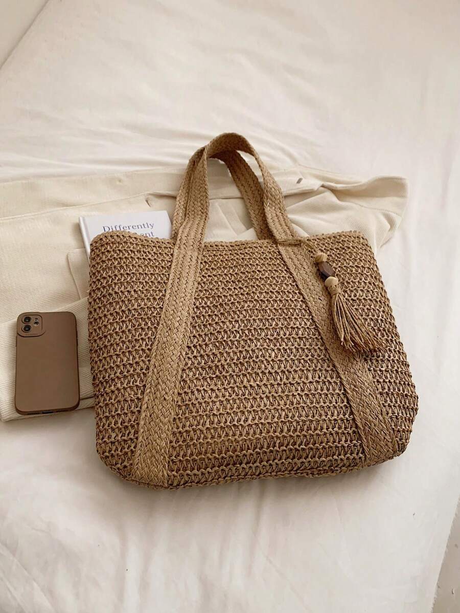 BAILEE A Fashionable Casual Handmade Woven Solid Color Tote Bag With Wooden Beads And Tassel Decoration, Perfect As A Gift
