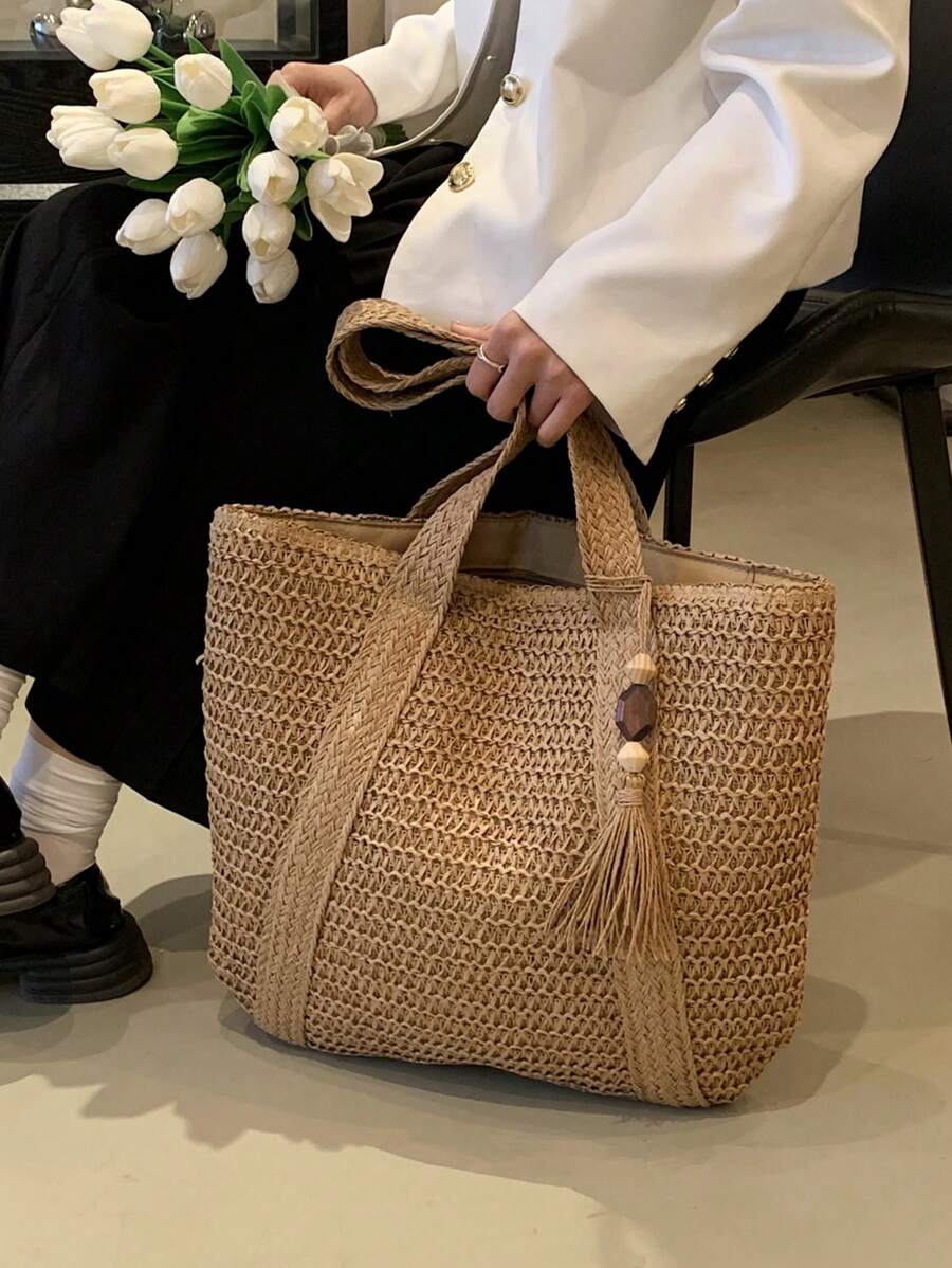 BAILEE A Fashionable Casual Handmade Woven Solid Color Tote Bag With Wooden Beads And Tassel Decoration, Perfect As A Gift