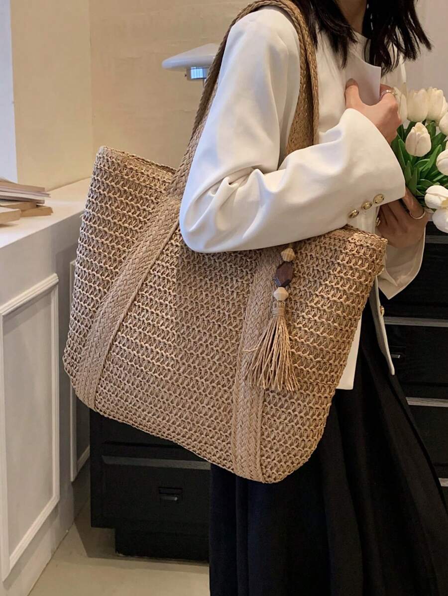 BAILEE A Fashionable Casual Handmade Woven Solid Color Tote Bag With Wooden Beads And Tassel Decoration, Perfect As A Gift