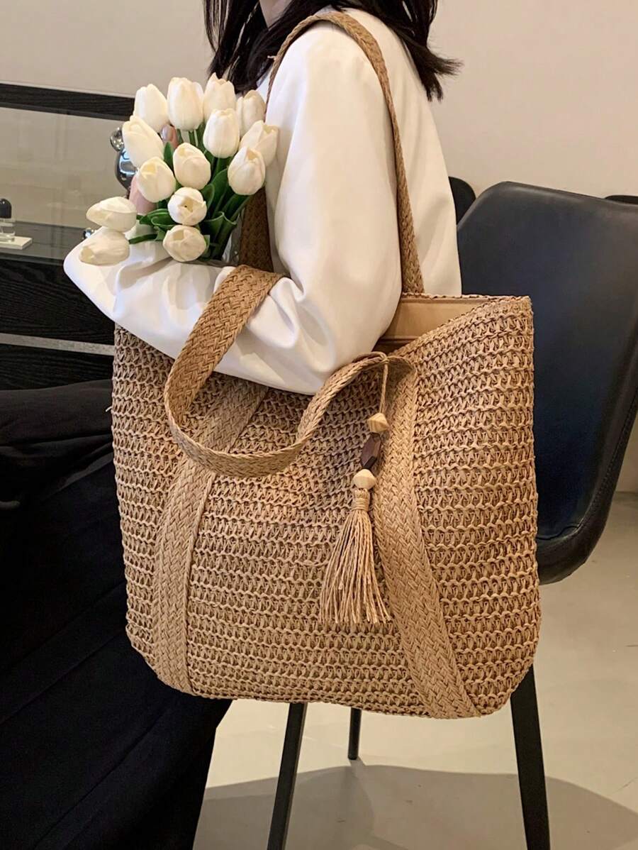 BAILEE A Fashionable Casual Handmade Woven Solid Color Tote Bag With Wooden Beads And Tassel Decoration, Perfect As A Gift
