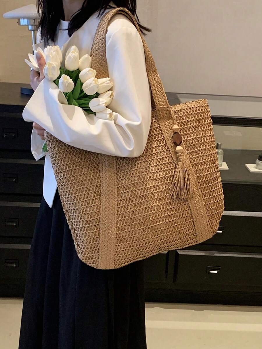 BAILEE A Fashionable Casual Handmade Woven Solid Color Tote Bag With Wooden Beads And Tassel Decoration, Perfect As A Gift