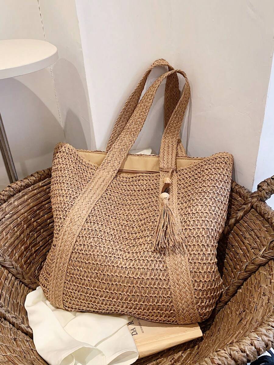 BAILEE A Fashionable Casual Handmade Woven Solid Color Tote Bag With Wooden Beads And Tassel Decoration, Perfect As A Gift