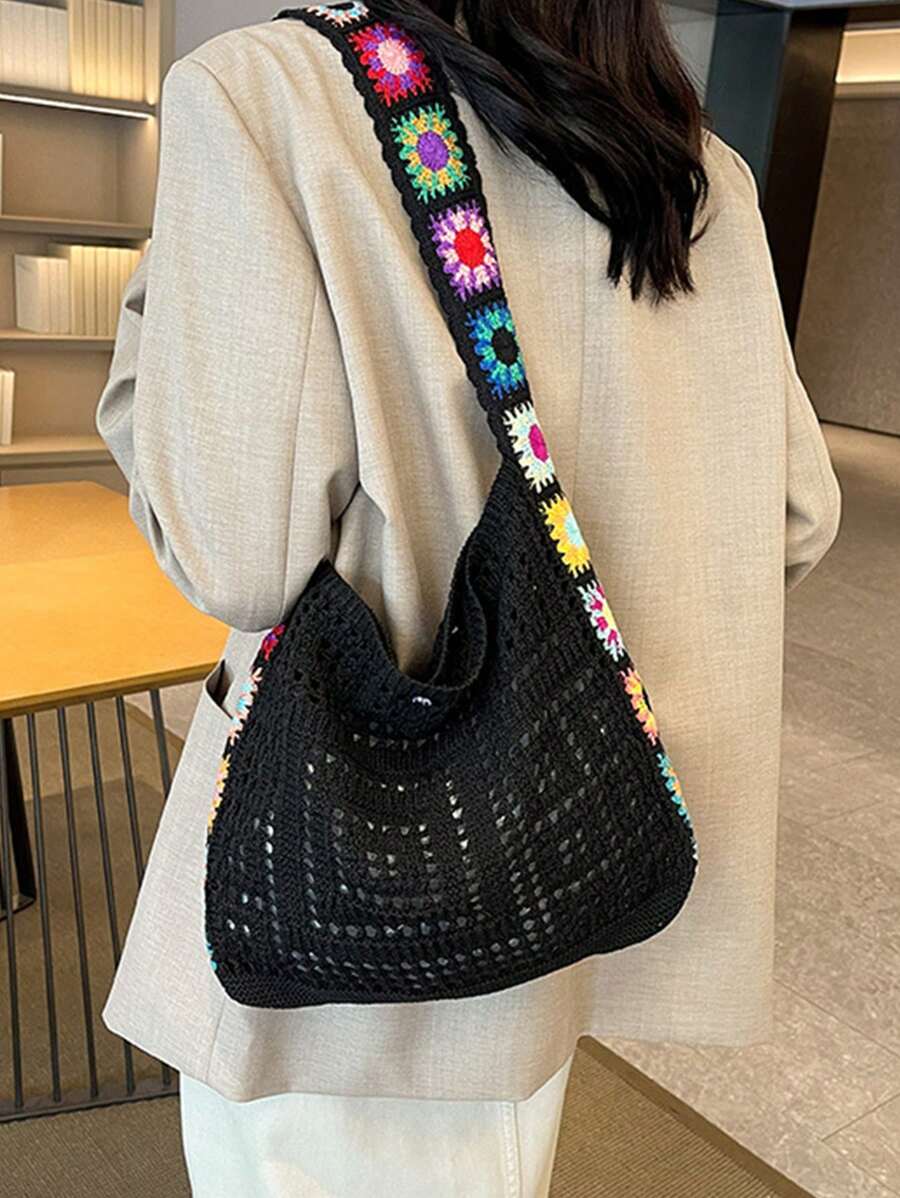 Dedoo Bohemian Style Women's Handbag, Large Capacity Open-Top Tote, Beach Bag, Travel Accessory, Woven Texture, Suitable For Work, School, Beach, Crochet, Holiday (Flower Color/Position Random) (Strap