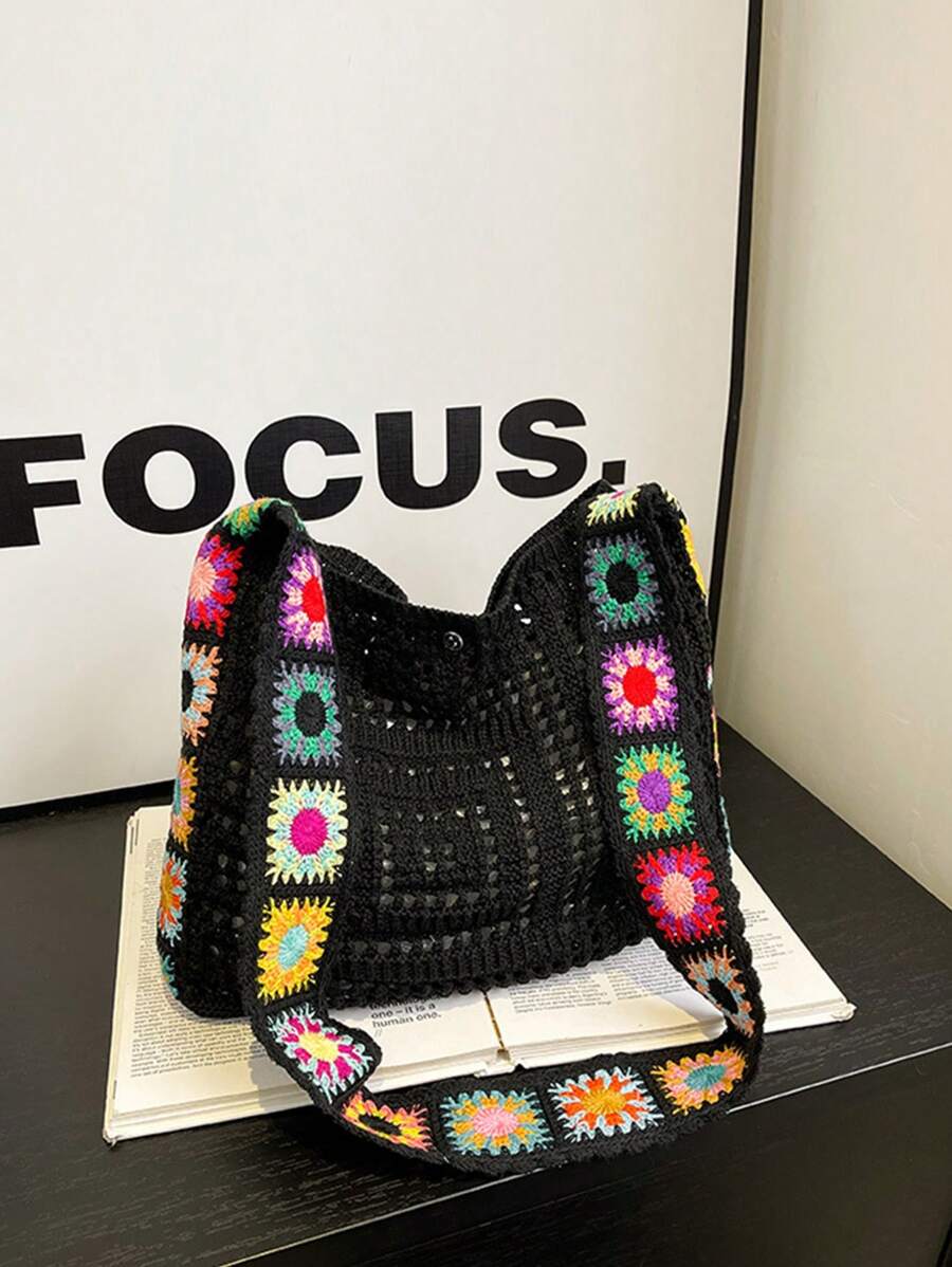 Dedoo Bohemian Style Women's Handbag, Large Capacity Open-Top Tote, Beach Bag, Travel Accessory, Woven Texture, Suitable For Work, School, Beach, Crochet, Holiday (Flower Color/Position Random) (Strap