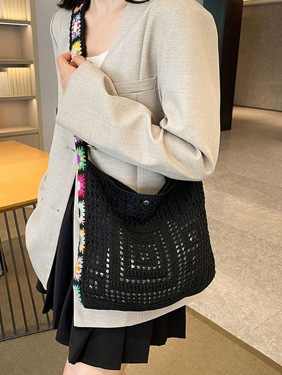 Dedoo Bohemian Style Women's Handbag, Large Capacity Open-Top Tote, Beach Bag, Travel Accessory, Woven Texture, Suitable For Work, School, Beach, Crochet, Holiday (Flower Color/Position Random) (Strap