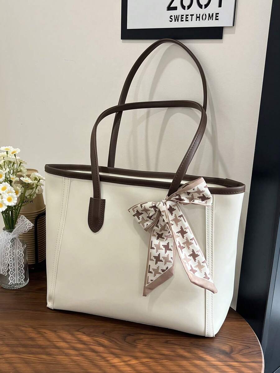 Fashionable Plain Color Scarf Decor PU Leather Tote Bag, Retro Minimalist Casual Shoulder Bag, Large Capacity Commuter Handbag Suitable For Women