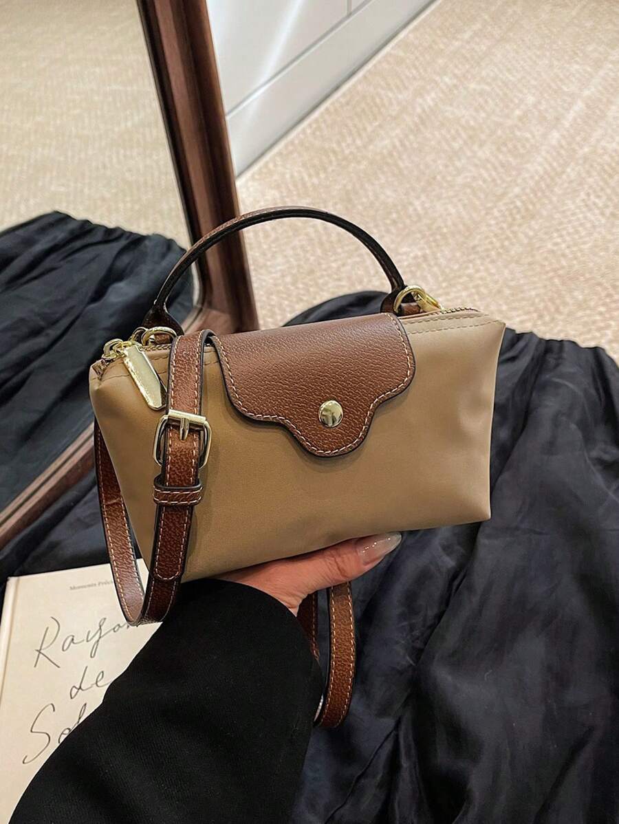 Women's Fashion Casual Versatile Color Block Dumpling Shaped Tote Bag, Minimalist Nylon Square Handbag, Retro Style Shoulder Bag With Detachable Strap, Suitable For Teenagers, College Students, Young