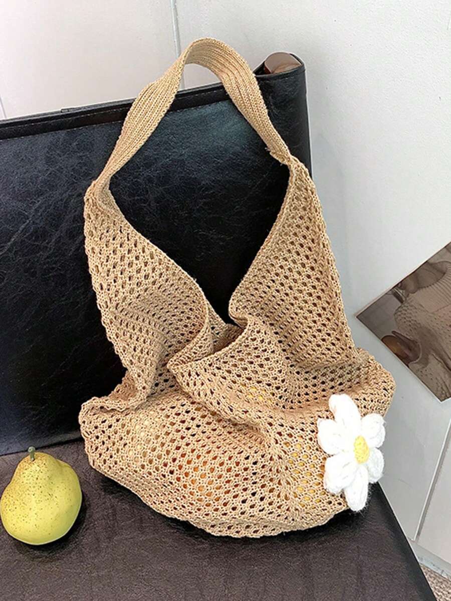 Hollow Out Weave Bag Bohemian Style Beach Handbag Tote Bag Large Capacity Slouchy Style Beach Bag Shopping