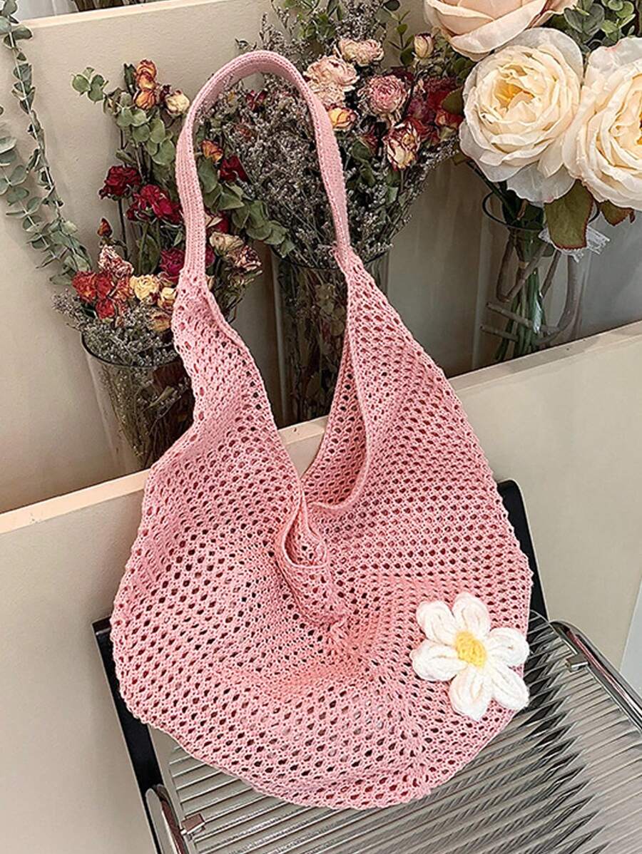 Yogodlns Hollow Woven Bohemian Style Beach Tote Bag, Large Capacity Casual Shopping Beach Bag For Women, Crochet Flower