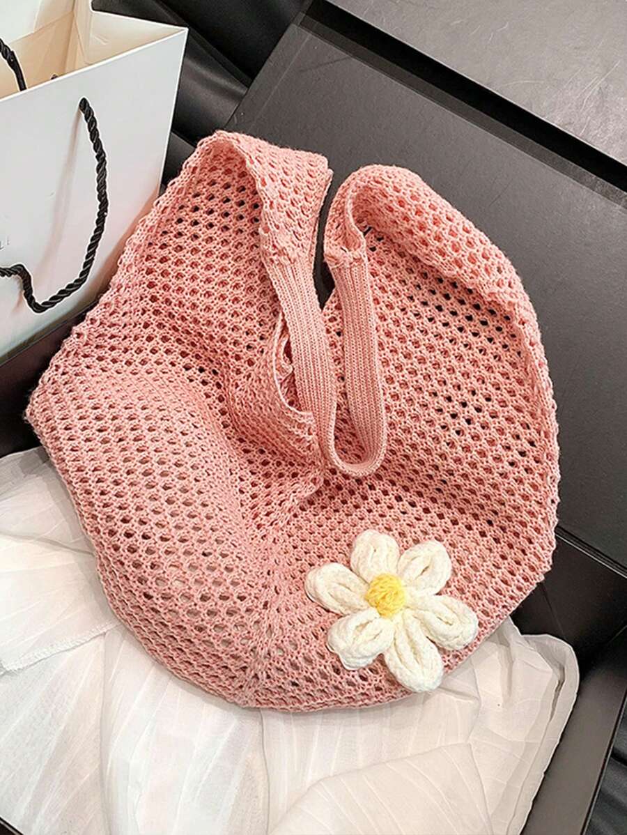 Yogodlns Hollow Woven Bohemian Style Beach Tote Bag, Large Capacity Casual Shopping Beach Bag For Women, Crochet Flower