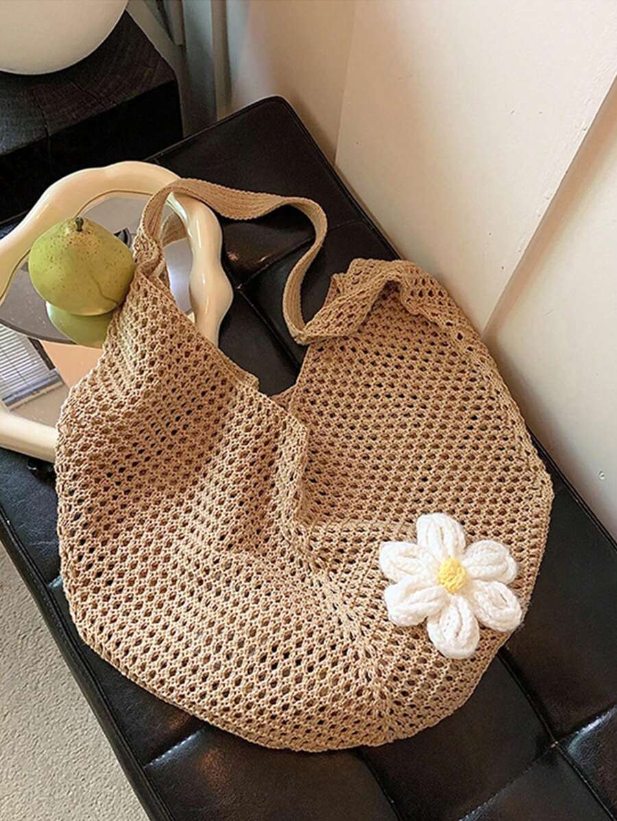 Hollow Out Weave Bag Bohemian Style Beach Handbag Tote Bag Large Capacity Slouchy Style Beach Bag Shopping