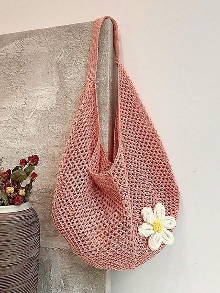 Yogodlns Hollow Woven Bohemian Style Large Capacity Slouchy Beach Tote Shopping Bag Women's Casual Crochet Flower Beach Bag