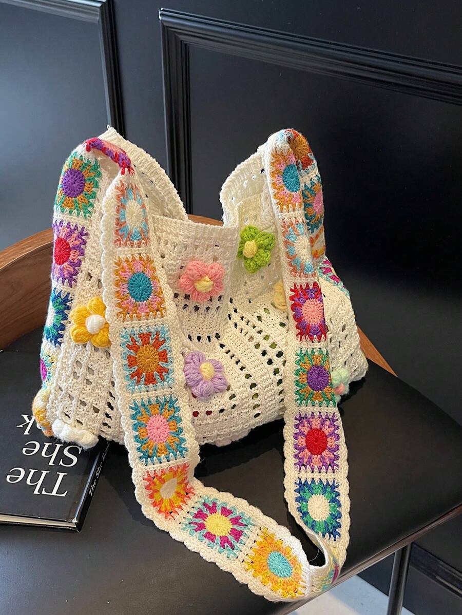 Dedoo Bohemian Style Women's Handbag, Large Capacity Open-Top Tote,  (Flower Color/Position Random) (Strap Color/Pattern Random),Straw Bag