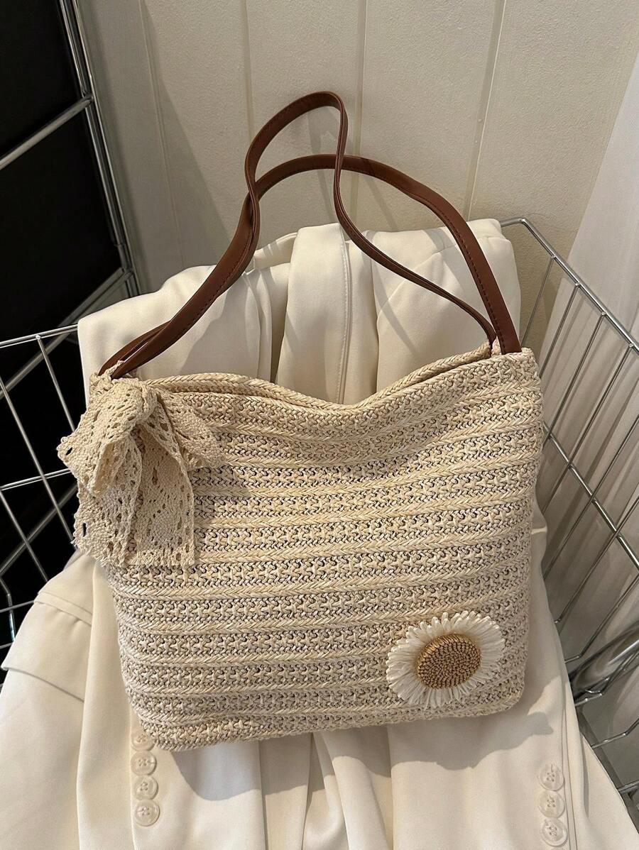 DAZY Chic Sunflower Woven Tote Bag, 2025 New Arrival Fashion Shoulder Bag, Korean Style Beach Woven Handbag For Women, Beach Necessities, Beach Essentials,Beach Stuff & Summer Essentials, Newest Holid