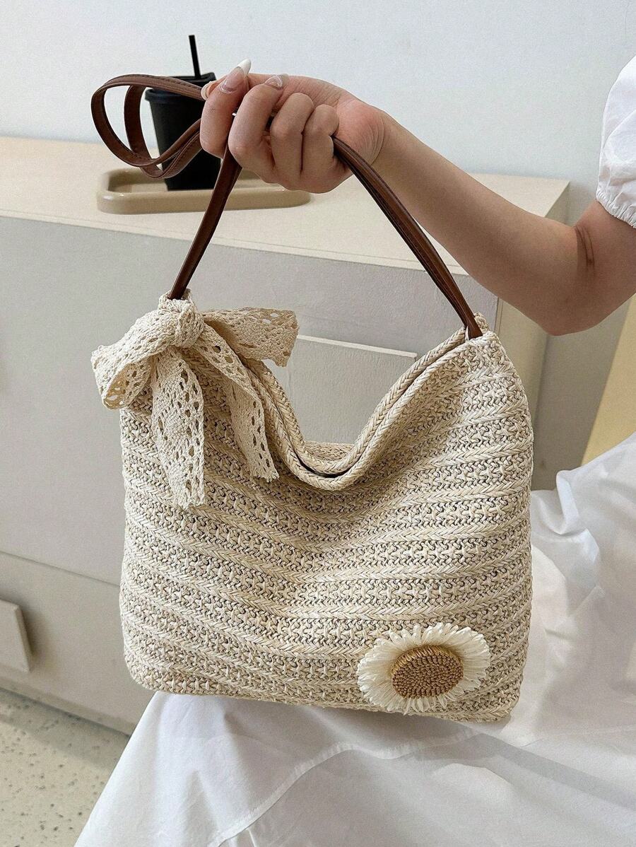DAZY Chic Sunflower Woven Tote Bag, 2025 New Arrival Fashion Shoulder Bag, Korean Style Beach Woven Handbag For Women, Beach Necessities, Beach Essentials,Beach Stuff & Summer Essentials, Newest Holid