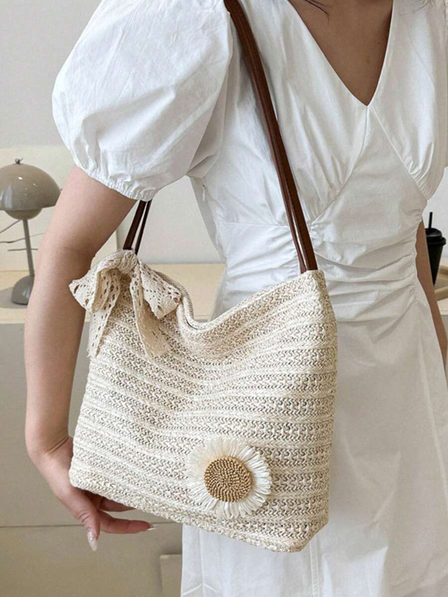 Chic Sunflower Woven Tote Bag, 2025 New Arrival Fashion Shoulder Bag, Korean Style Beach Woven Handbag For Women, Beach Necessities,Straw Bag