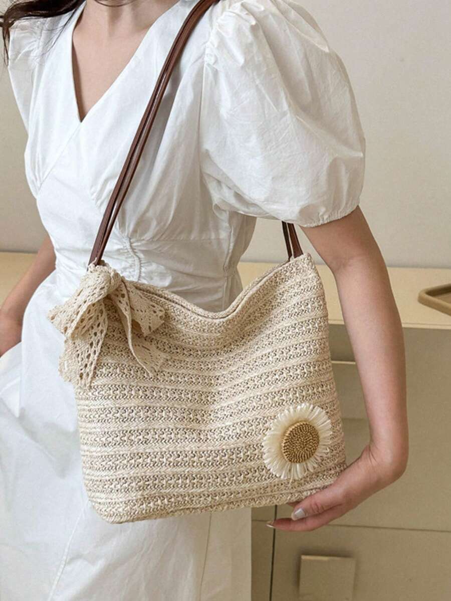 DAZY Chic Sunflower Woven Tote Bag, 2025 New Arrival Fashion Shoulder Bag, Korean Style Beach Woven Handbag For Women, Beach Necessities, Beach Essentials,Beach Stuff & Summer Essentials, Newest Holid